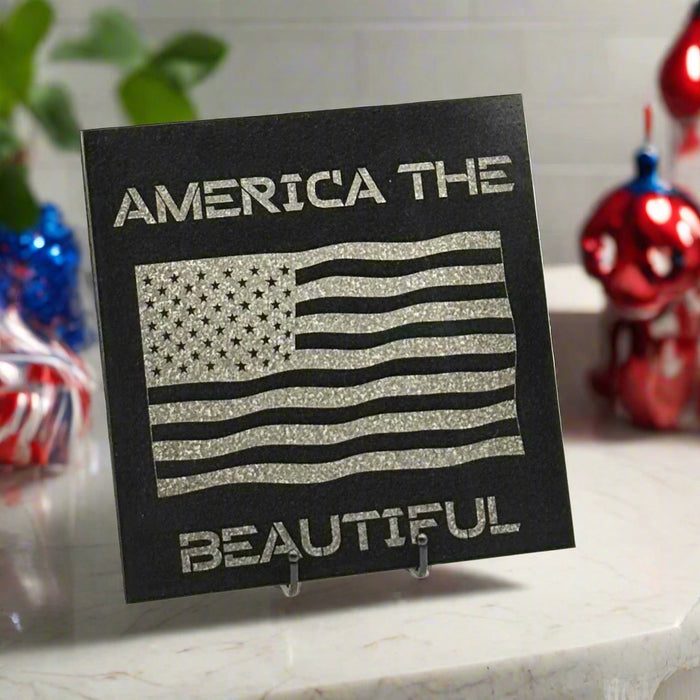 America The Beautiful - Waving Flag - 12 x 12 Granite