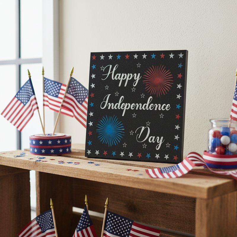 Decorative sign with 'Happy Independence Day' text on a table with small American flags and a jar of candies.