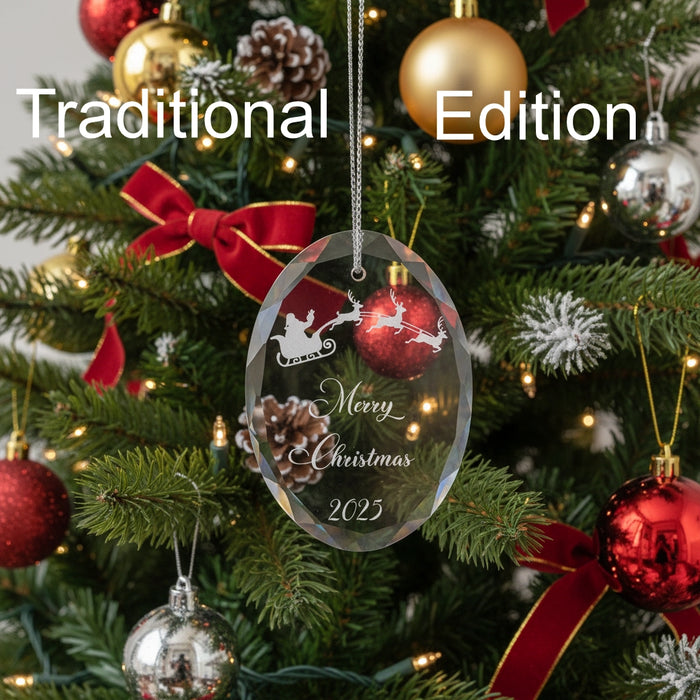 Crystal Christmas ornament with Santa and reindeer sleigh design and engraved "Merry Christmas", lettering, and year, on a green background, labeled 'Traditional Edition'.