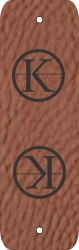 Rectangular brown faux-leather-tag with a blue logo engraving on the top and bottom facing towards the center of the tag.