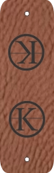 Rectangular brown faux-leather-tag with a black logo engraving on the top and bottom facing opposite directions.