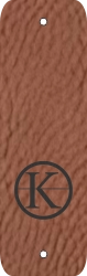 Rectangular brown faux-leather-tag with a black logo engraving on the bottom of the tag facing away from the middle of the tag.