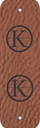 Rectangular faux-leather-tag with a logo engraving on the top and bottom facing the same direction.