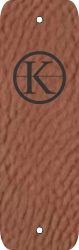 Rectangular brown faux-leather-tag with a black logo engraving on the top facing in towards the middle.